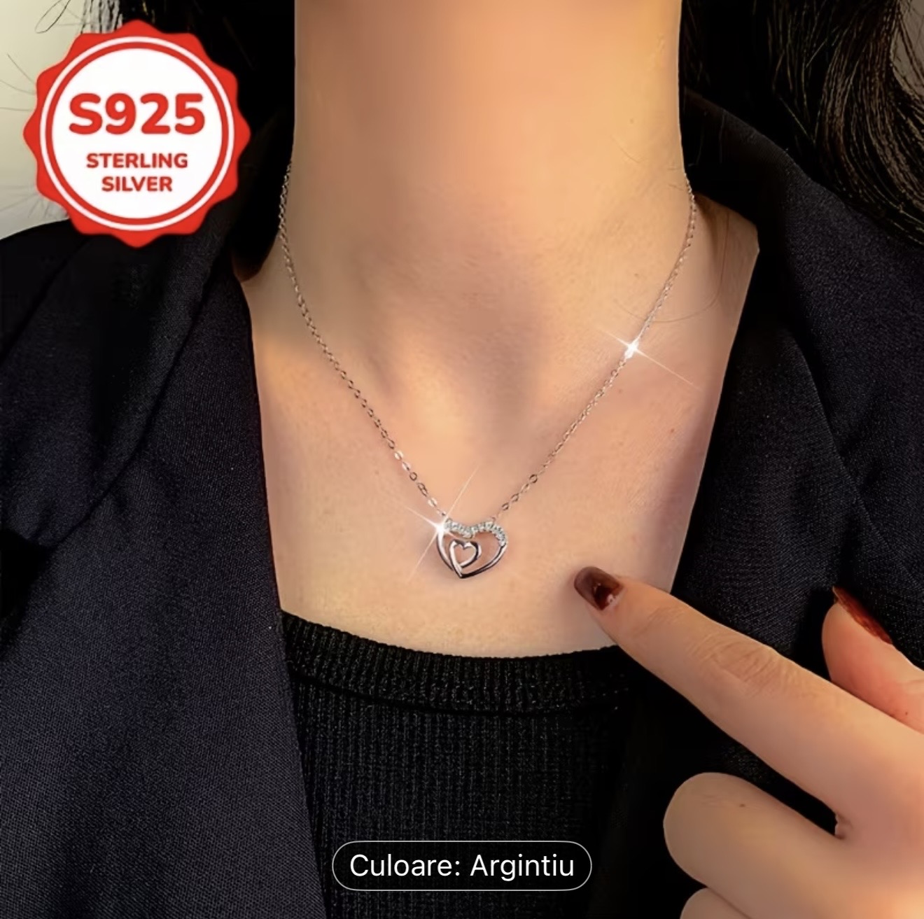 Colier cu pandantiv inimă dublă din argint
