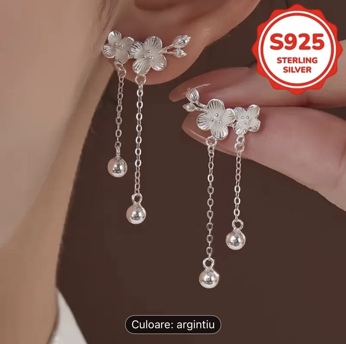 Cercei cu picătură cu flori de argint