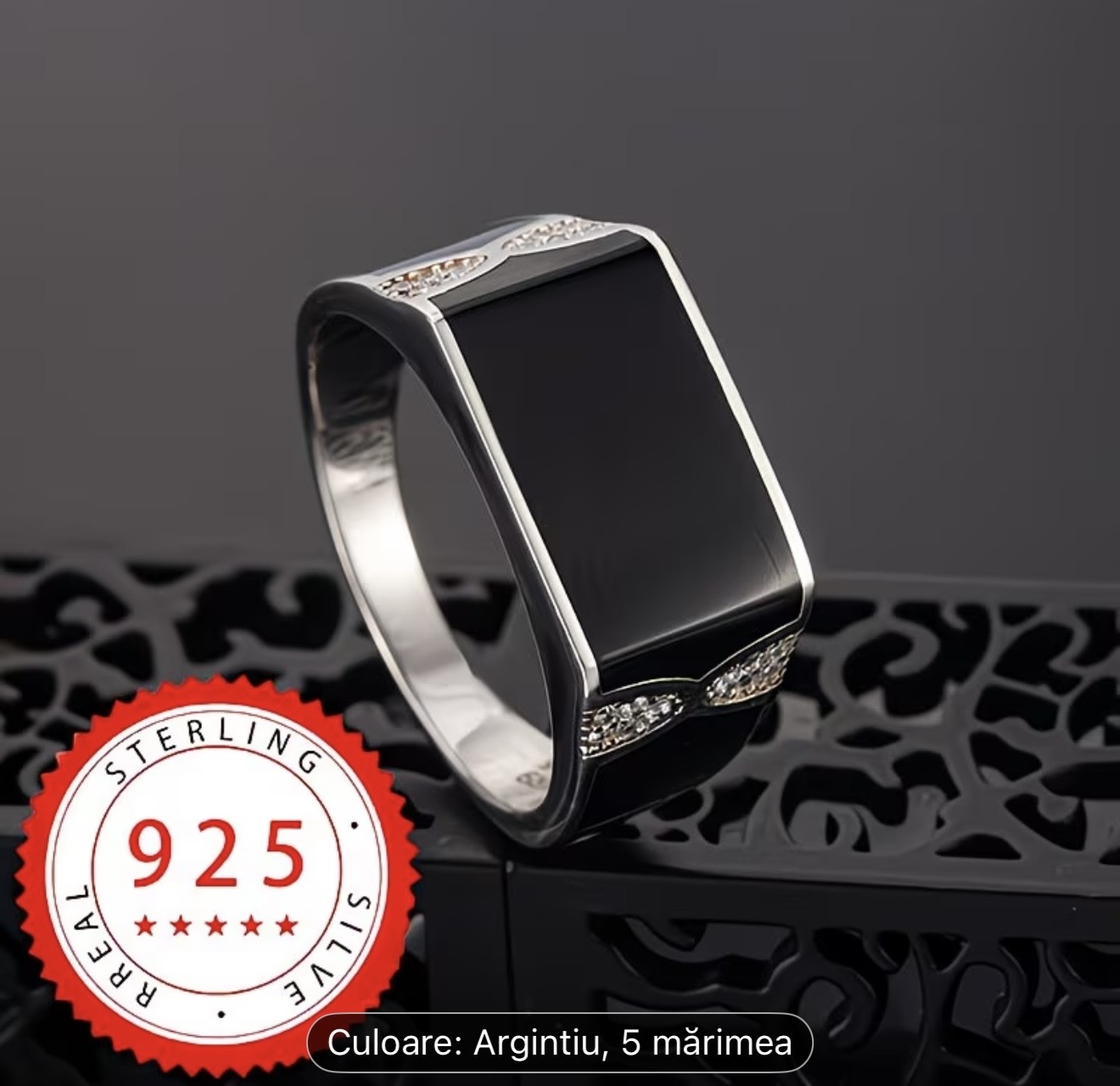 Inel bărbătesc din argint sterling cu onix negru