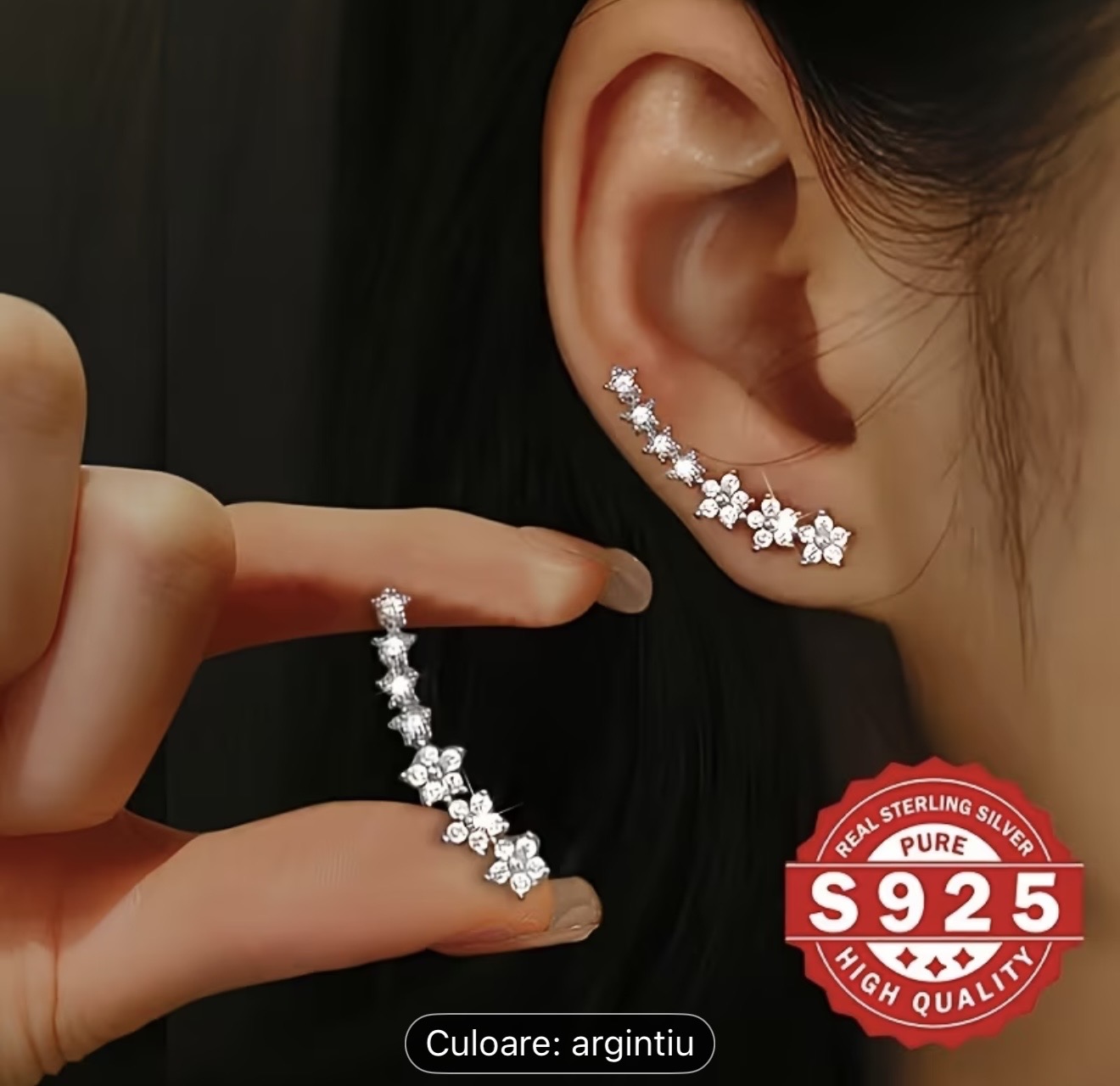 Cercei cățărători din argint cu motive florale