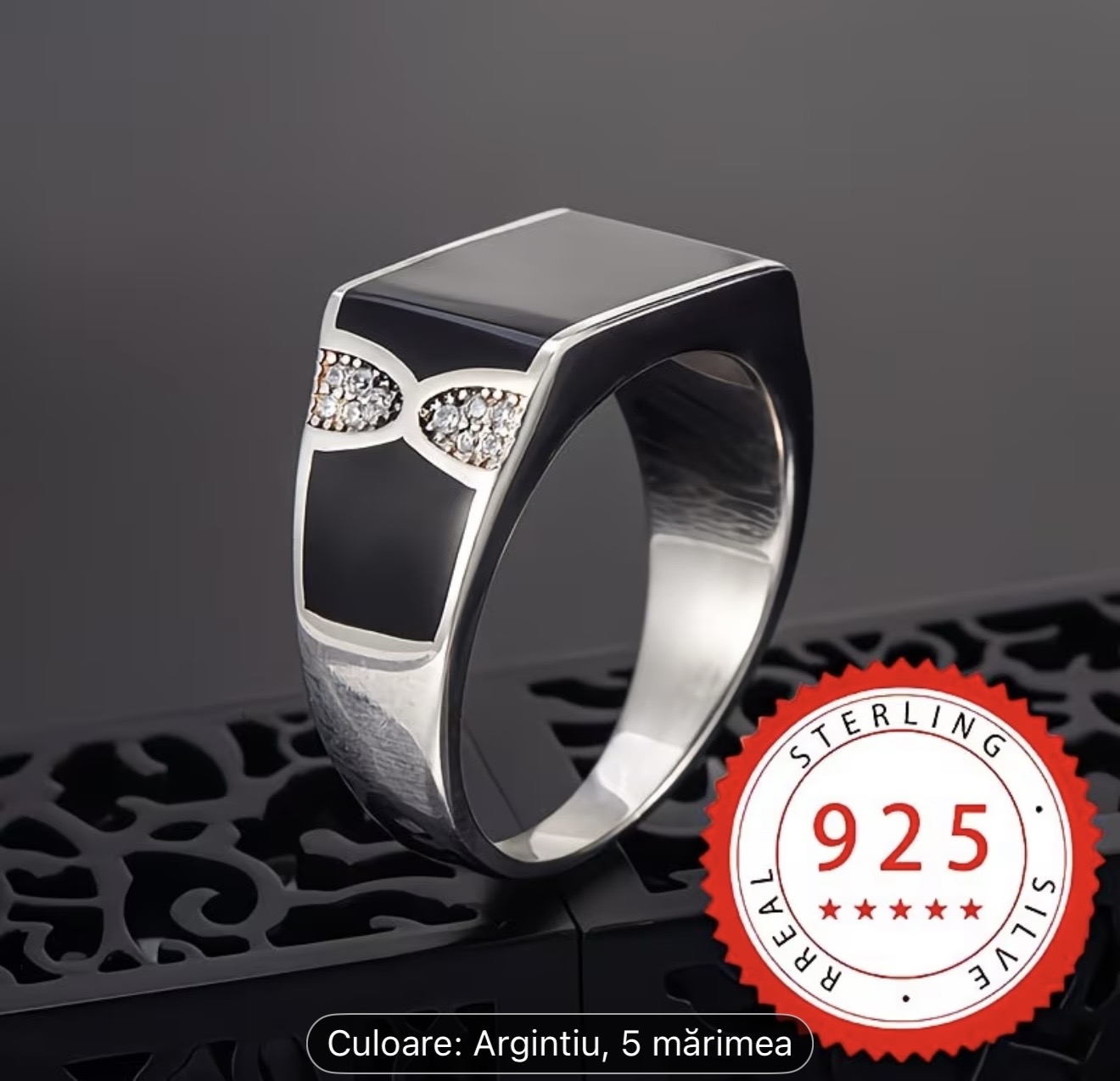 Inel bărbătesc din argint sterling cu onix negru