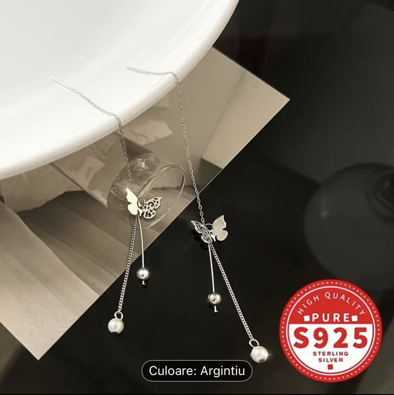 Cercei cu picătură fluture de argint