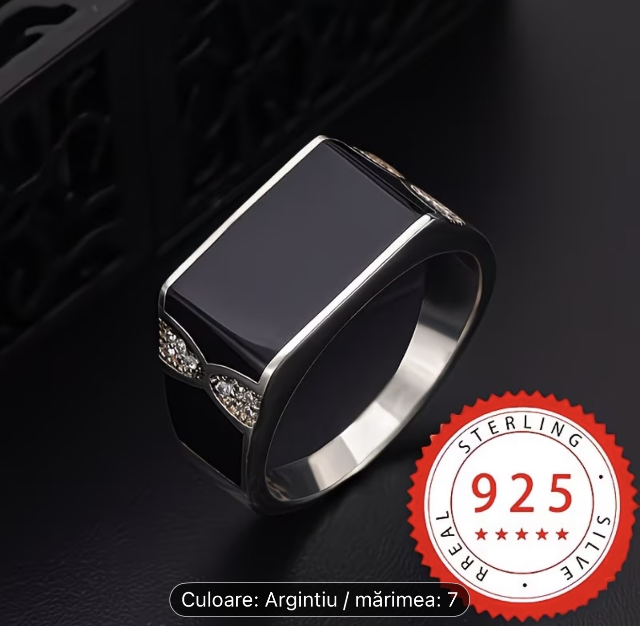 Inel bărbătesc din argint sterling cu onix negru