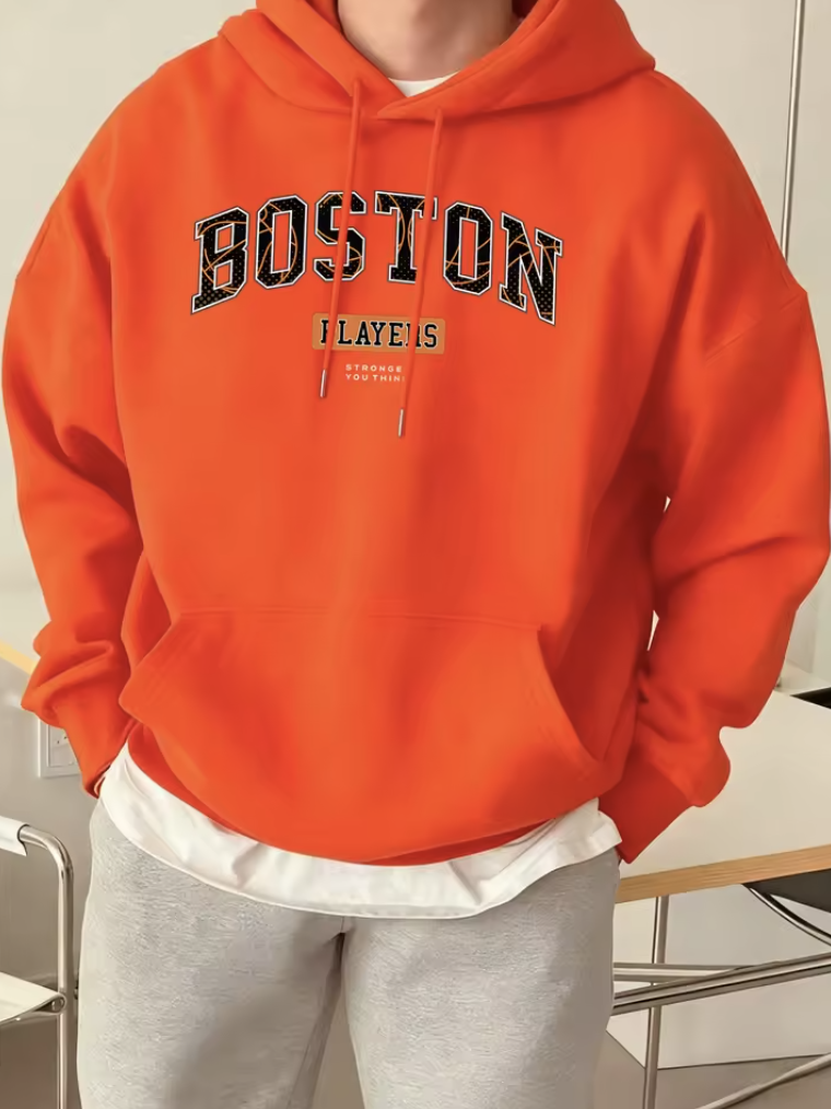 Boston Letter Print Hoodie – Casual Streetwear Sweatshirt