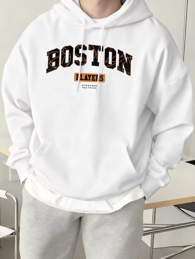 Boston Letter Print Hoodie – Casual Streetwear Sweatshirt