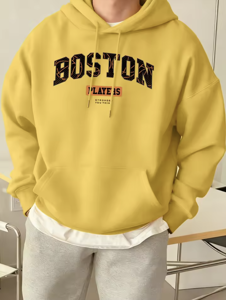 Boston Letter Print Hoodie – Casual Streetwear Sweatshirt