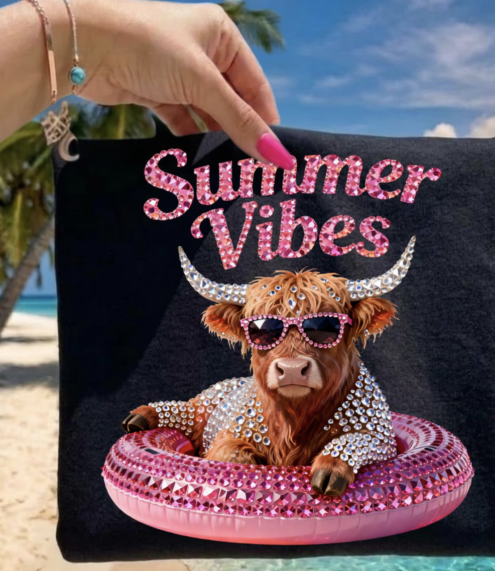 Summer Vibes Highland Cow PNG: Rhinestone Glam Pool Float Sublimation Design, Bling Digital Download