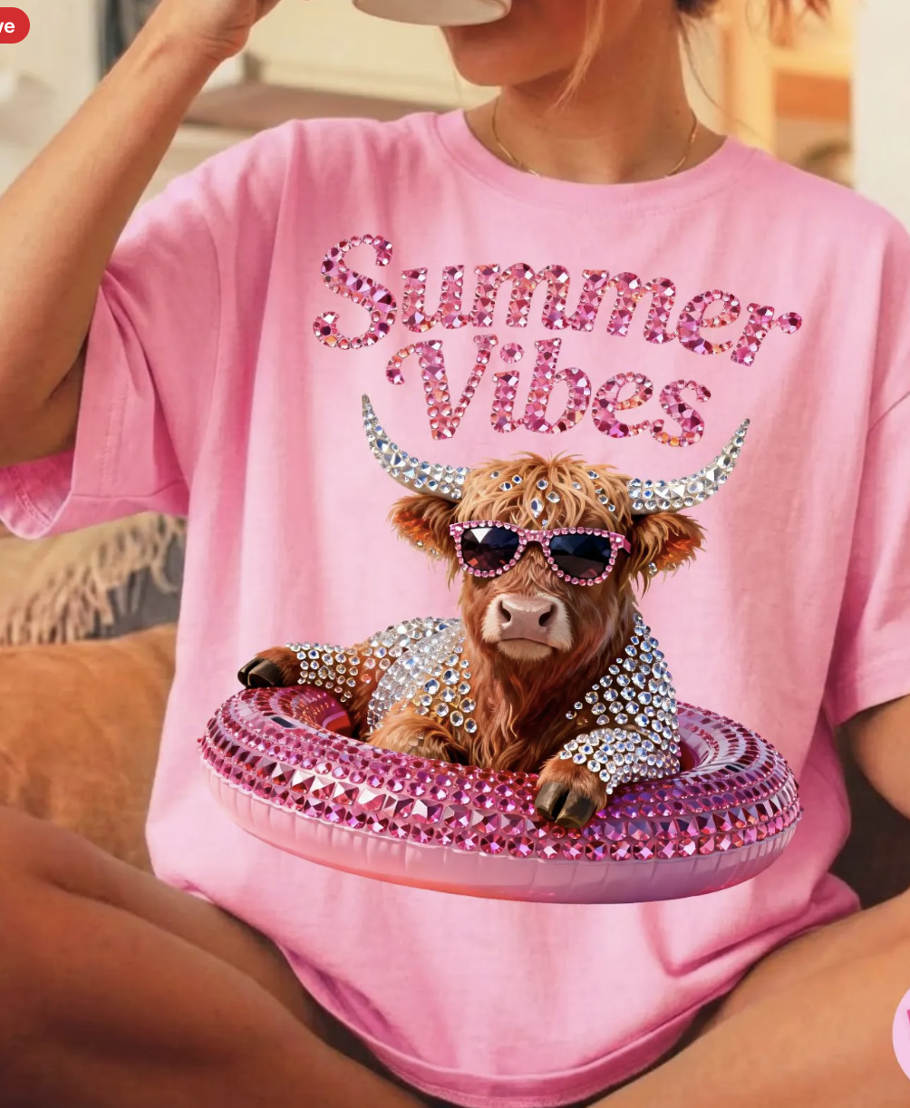 Summer Vibes Highland Cow PNG: Rhinestone Glam Pool Float Sublimation Design, Bling Digital Download