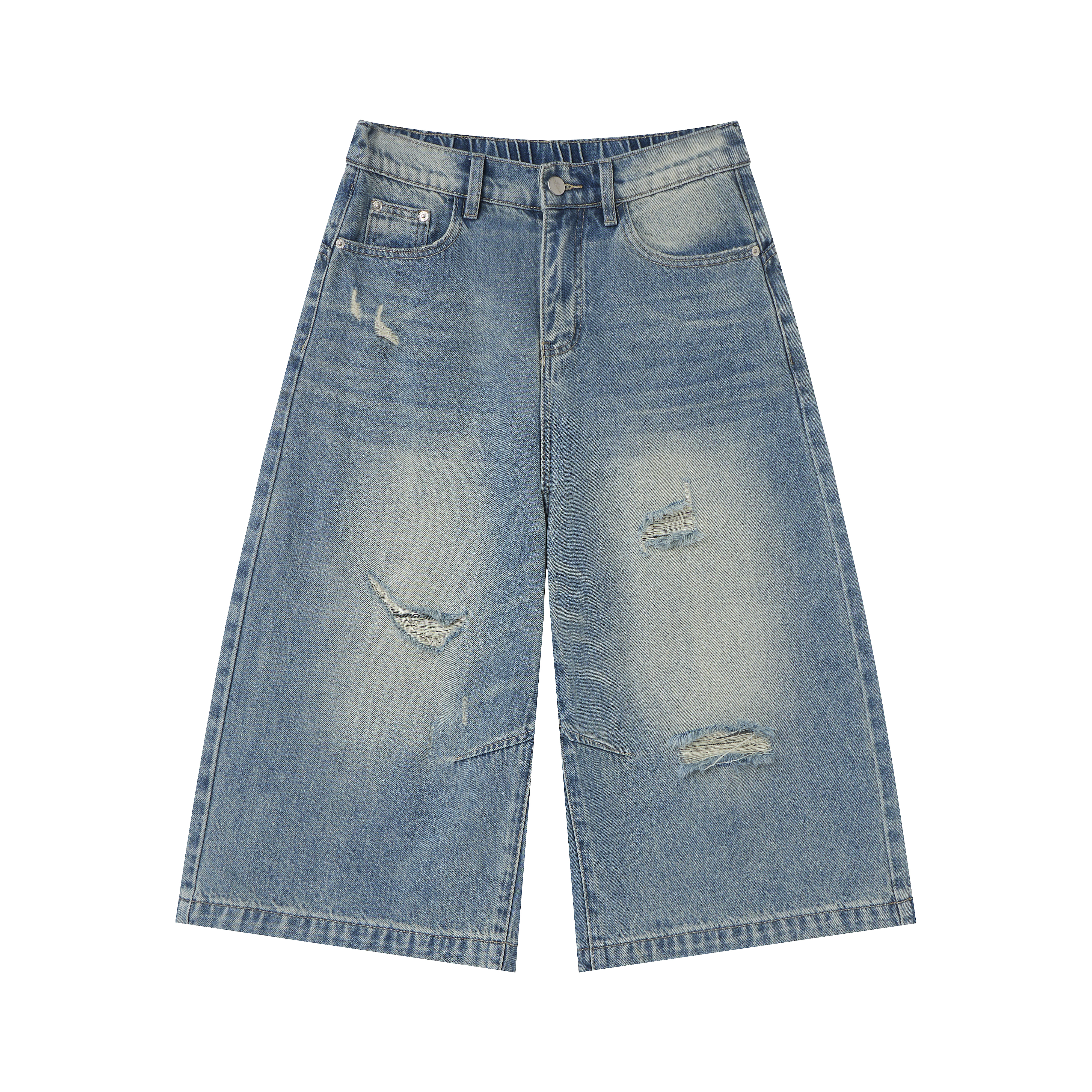 Distressed Wide-Leg Denim Culottes