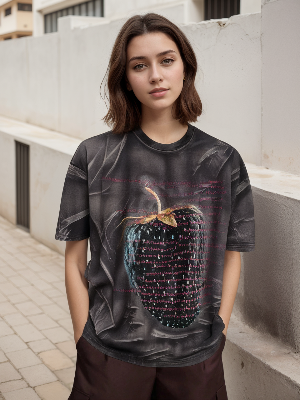 FLOOO Women’s Oversized Pop-Art Strawberry Graphic T-Shirt with Rhinestone Detail