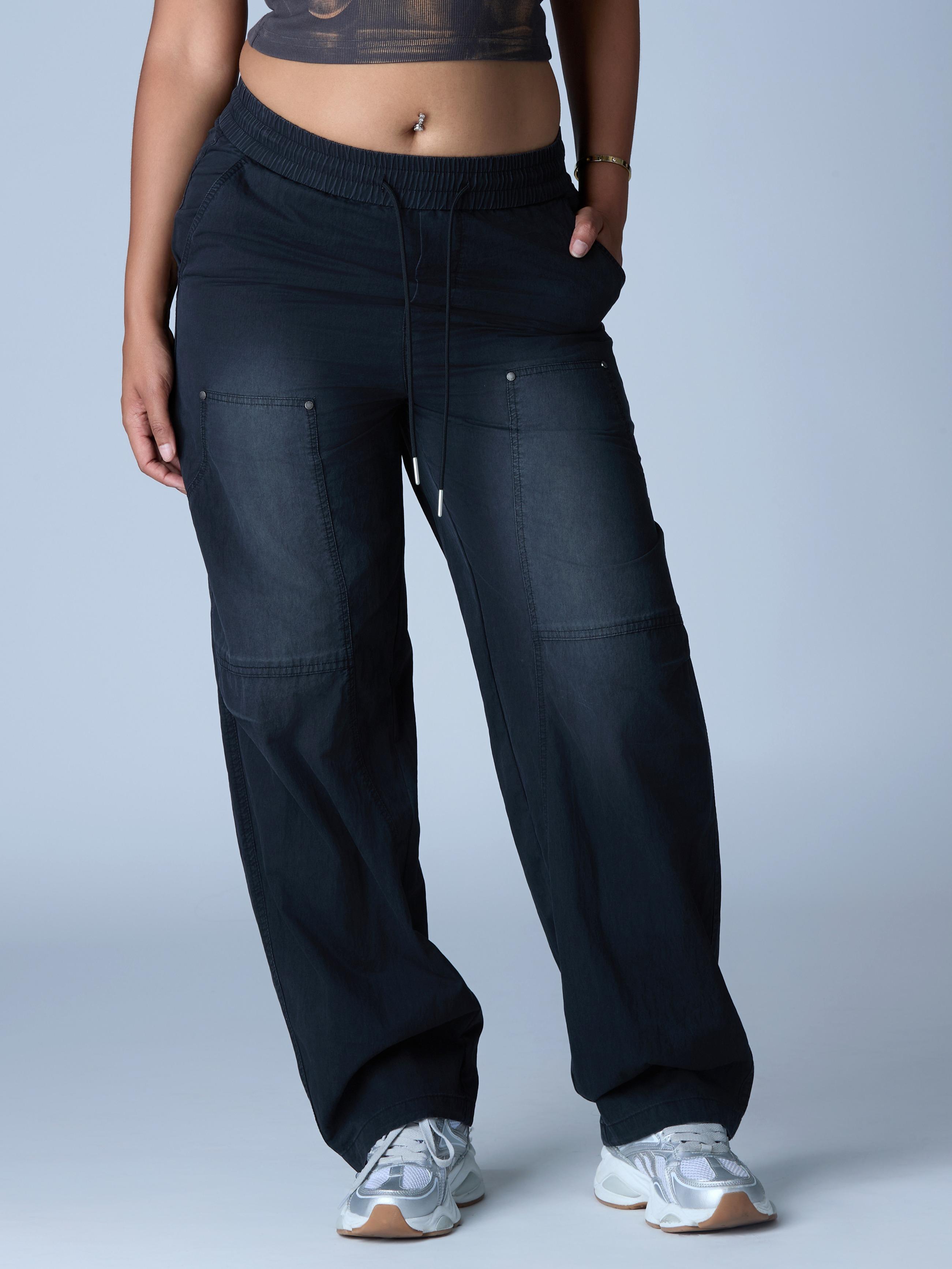 Women’s Black Washed Drawstring Cargo Pants – Relaxed Fit Streetwear Trousers with Rivet Details