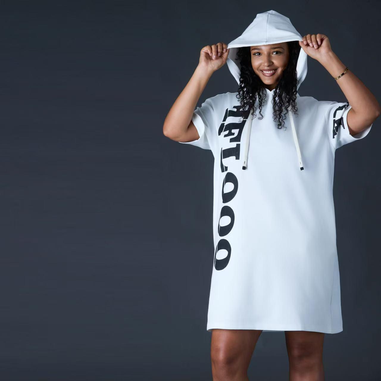 FLOOO Logo Hooded T-Shirt Dress – Women’s Oversized Short Sleeve Streetwear Dress