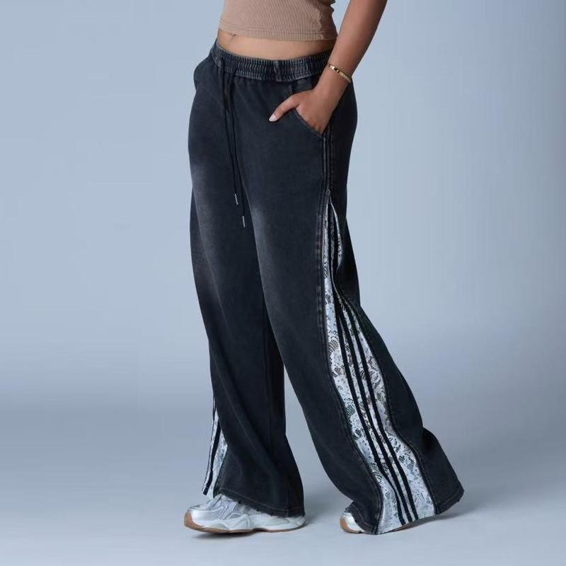 FLOOO Women’s Wide-Leg Track Pants with Lace Stripe Detail