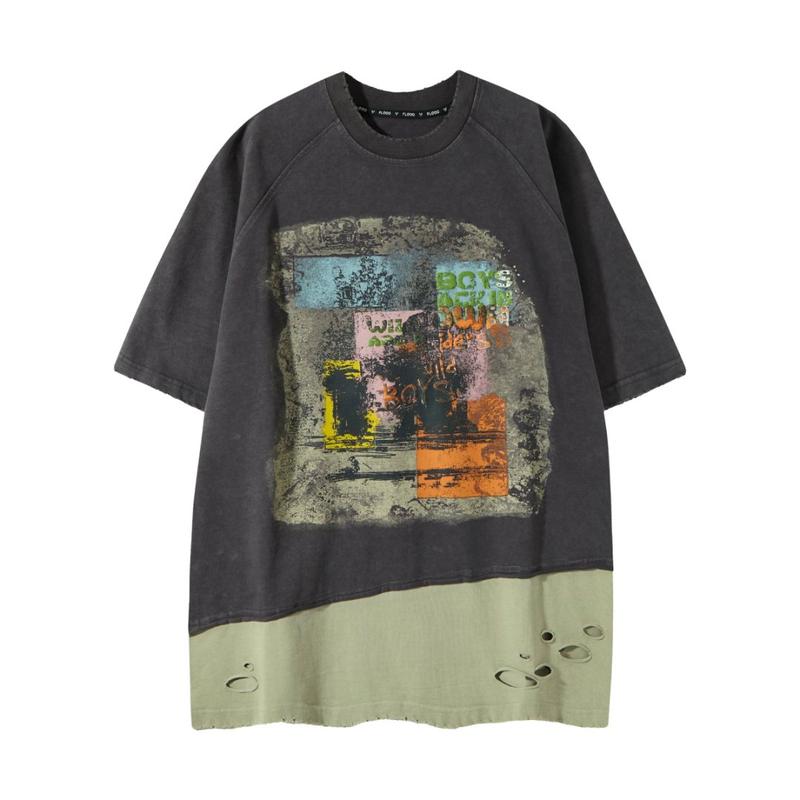 FLOOO Women’s Oversized Color-Block Graphic T-Shirt with Distressed Hem