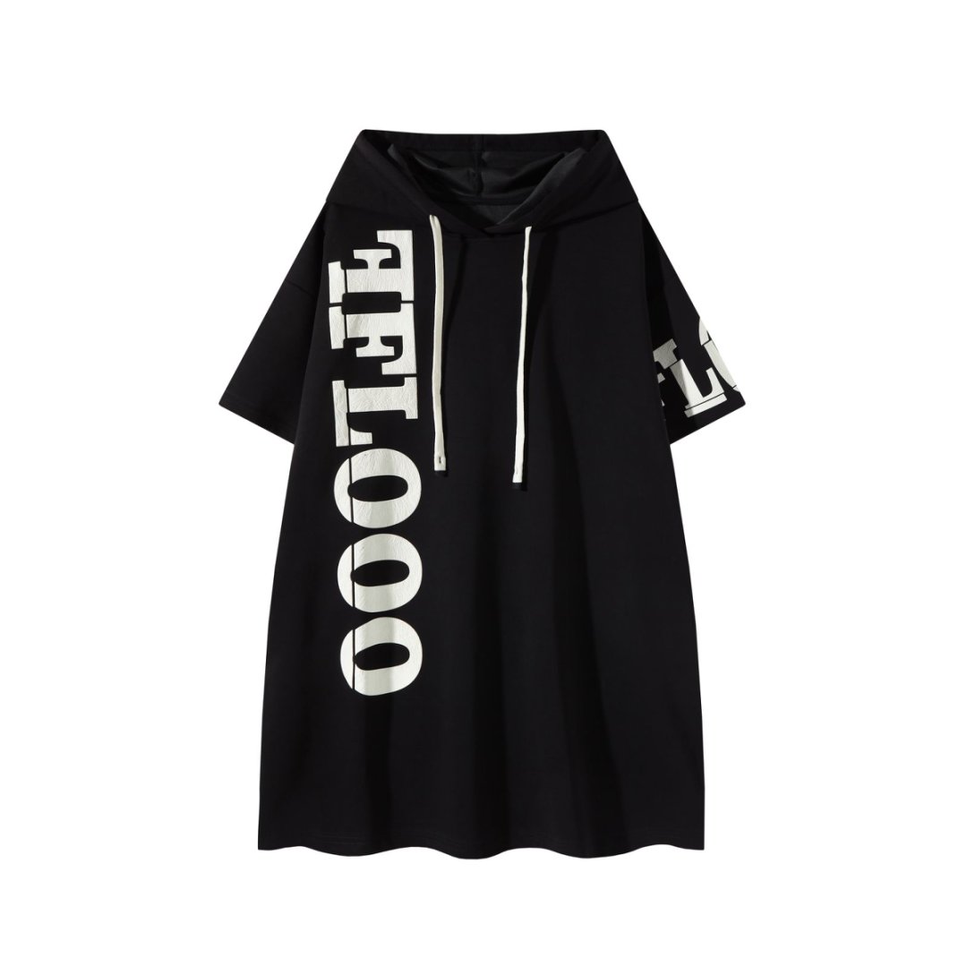 FLOOO Logo Hooded T-Shirt Dress – Women’s Oversized Short Sleeve Streetwear Dress