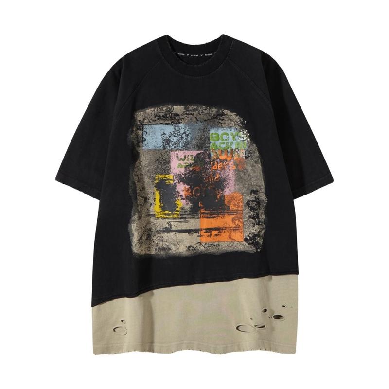FLOOO Women’s Oversized Color-Block Graphic T-Shirt with Distressed Hem