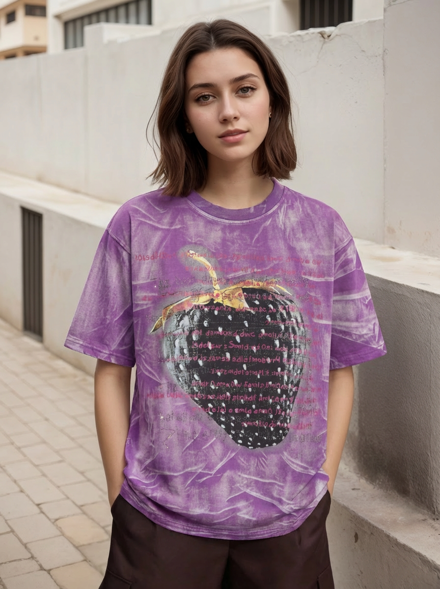 FLOOO Women’s Oversized Pop-Art Strawberry Graphic T-Shirt with Rhinestone Detail