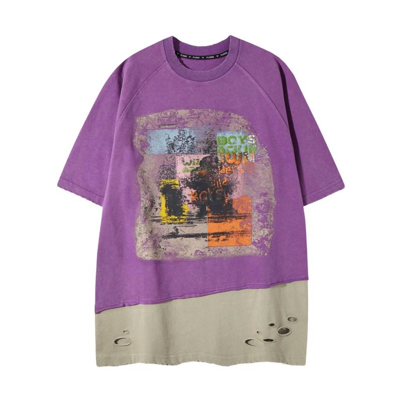 FLOOO Women’s Oversized Color-Block Graphic T-Shirt with Distressed Hem