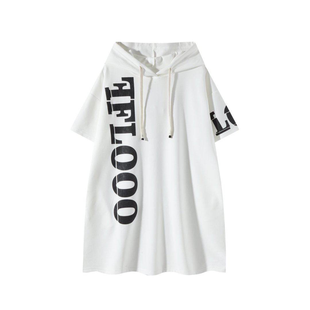 FLOOO Logo Hooded T-Shirt Dress – Women’s Oversized Short Sleeve Streetwear Dress
