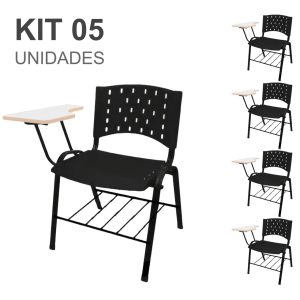 KIT 05 Cadeiras Universitarias c/ porta livros REALPLAST - Cor Preto 33013