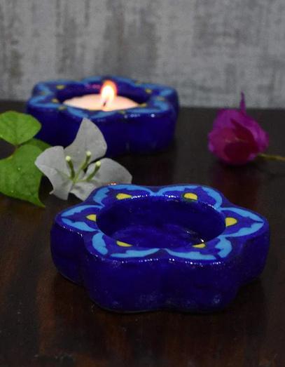 Handcrafted Blue Flower Tea Light Holder