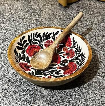 Hand-painted wooden bowl with spoon