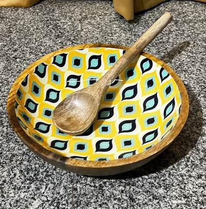 Hand-painted wooden bowl with spoon