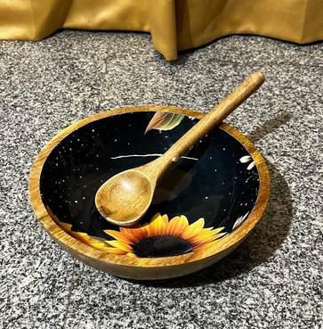 Hand-painted wooden bowl with spoon