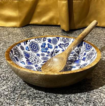 Hand-painted wooden bowl with spoon