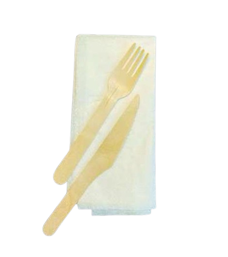 Tacâm Bis din Lemn (Furculiță + Cuțit + Servețel)