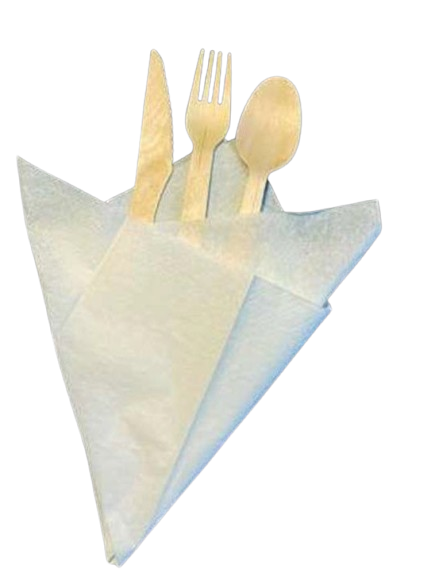 Tacâm Tris Din Lemn (Lingură + Furculiță + Cuțit + Servețel)