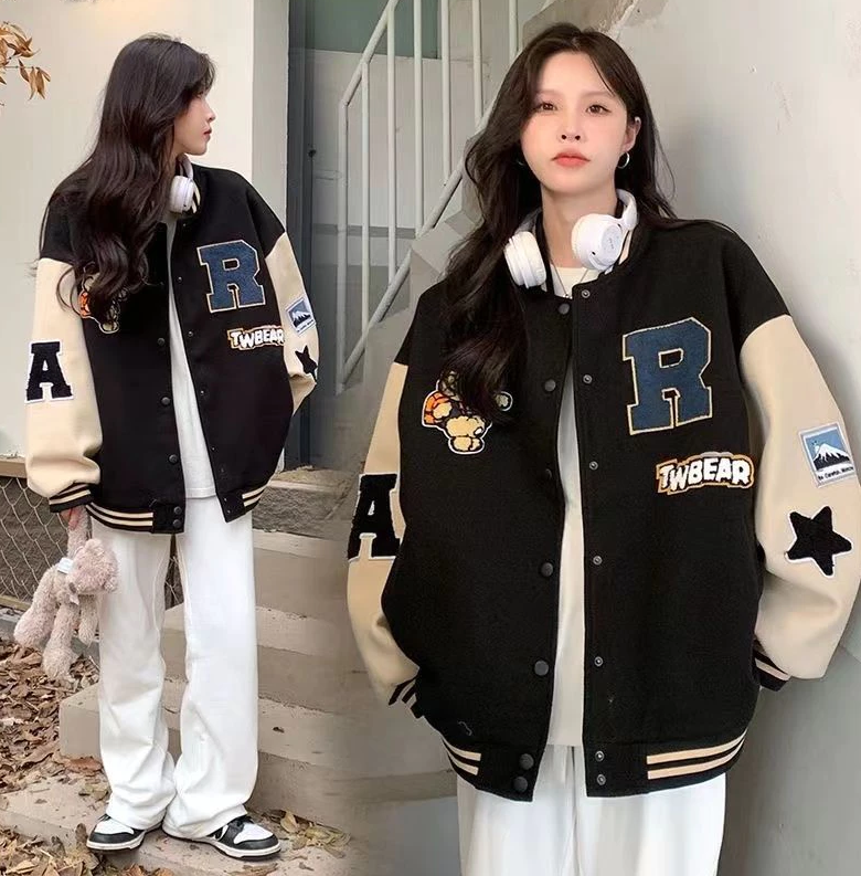 Jaket Varsity Oversize Hitam Krem R Twebear