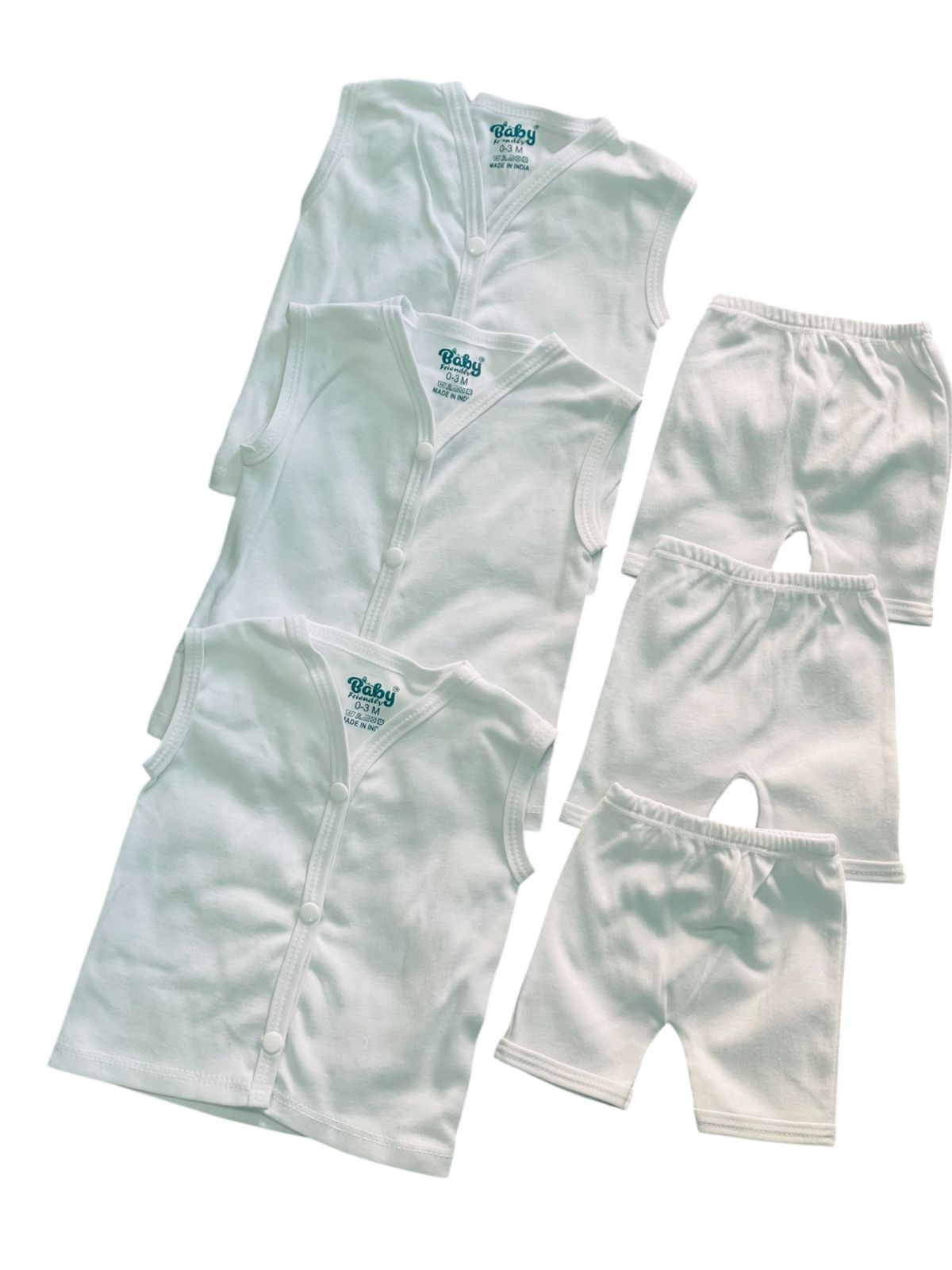 BABY FRIENDLY Premium Sleeveless Jhabala set Cotton (Pure White) Pack Of 3