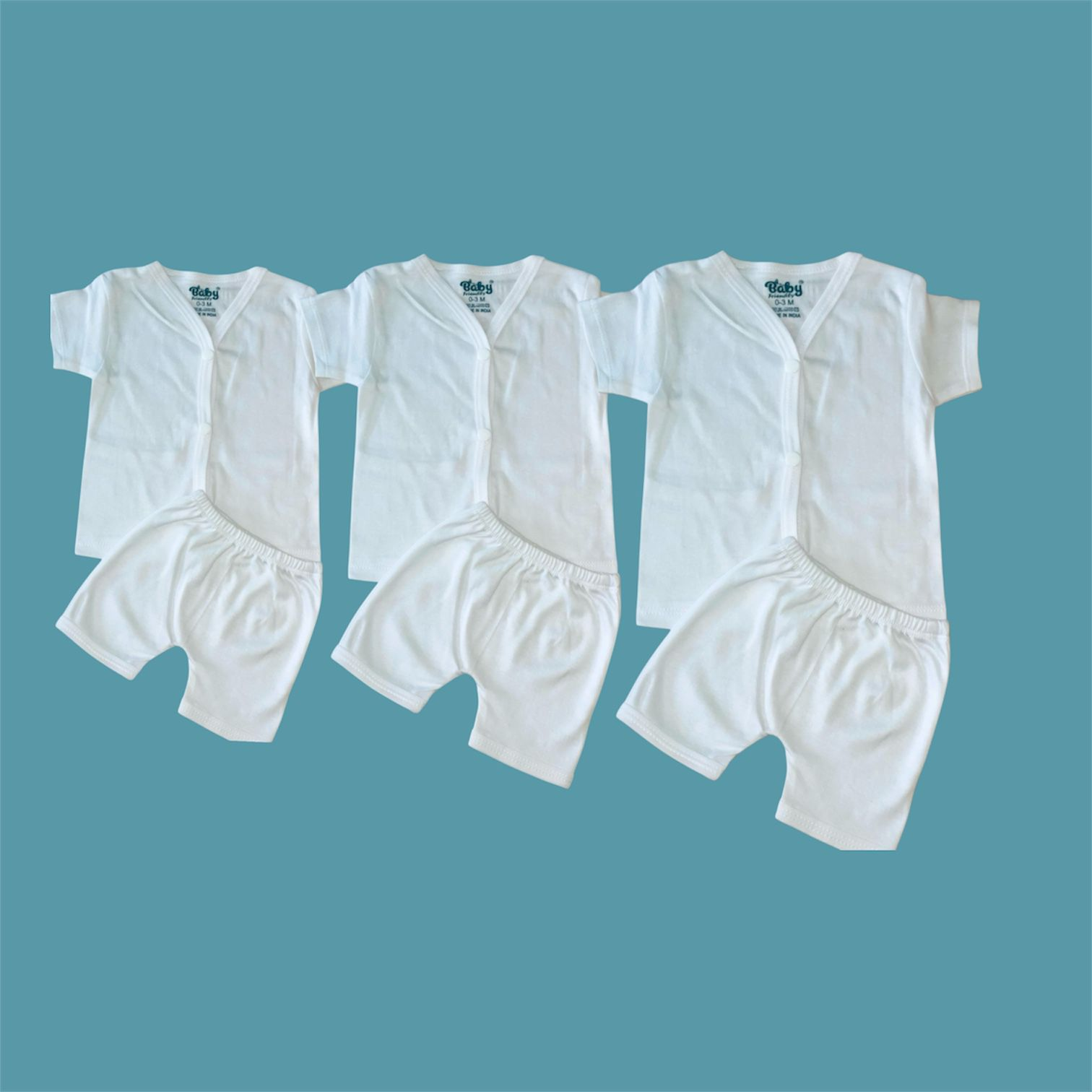 BABY FRIENDLY Premium Half sleeve Jhabala set Cotton (Pure White) Pack Of 3