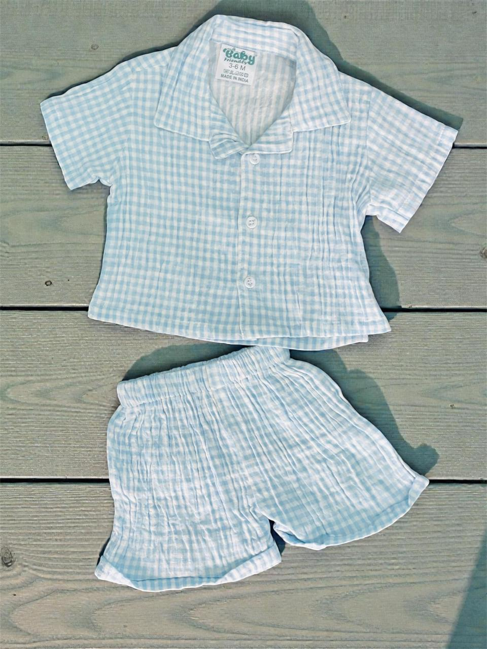 BABY FRIENDLY Premium Muslin crinkle Shirt with shorts check