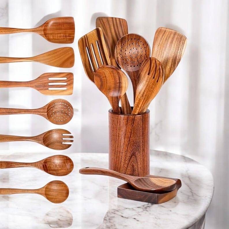 Thai Teak Wood Utensil Set: 7-Piece Kitchen Cooking Tools