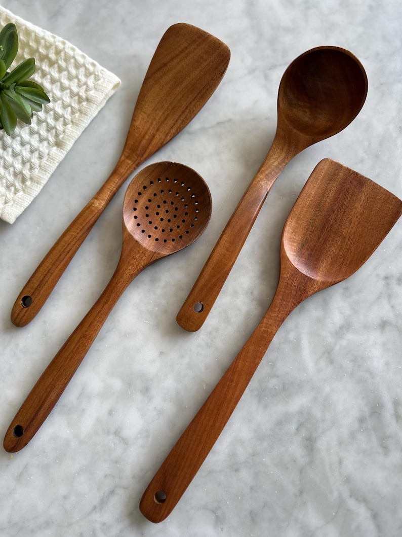 Cooking Utensils Set, Teak Wooden Utensil Set, Kitchen Utensils, Cooking Utensils Set of 4, Spatula and Spoon Set