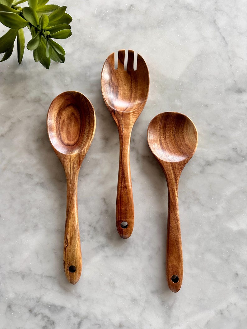 Teak Wood Spoon Set Š 3-Piece Natural Wooden Cooking & Serving Utensils (Mixing Spoon, Salad Fork, Serving Spoon)