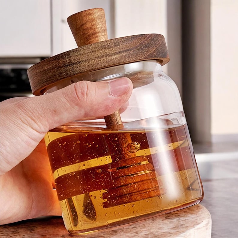 Glass Honey Jar with Wooden Lid and Dipper: Rustic Kitchen Storage