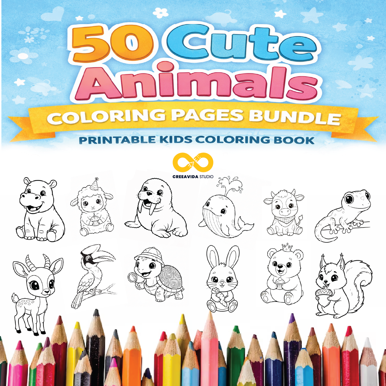 50 Cute Animals Coloring Pages Bundle for Kids | Printable Whimsical Animal Coloring Book (A4 & US Letter)