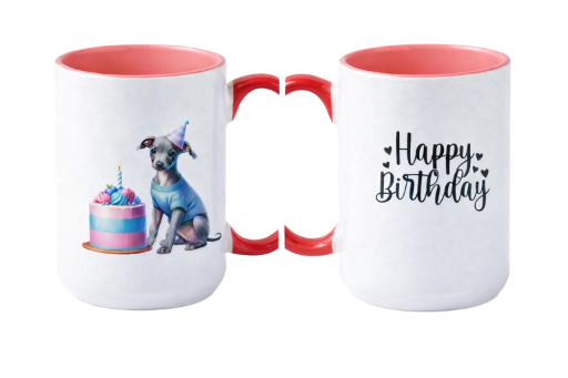 Geburtstagstasse in Rot mit Hundemotiv