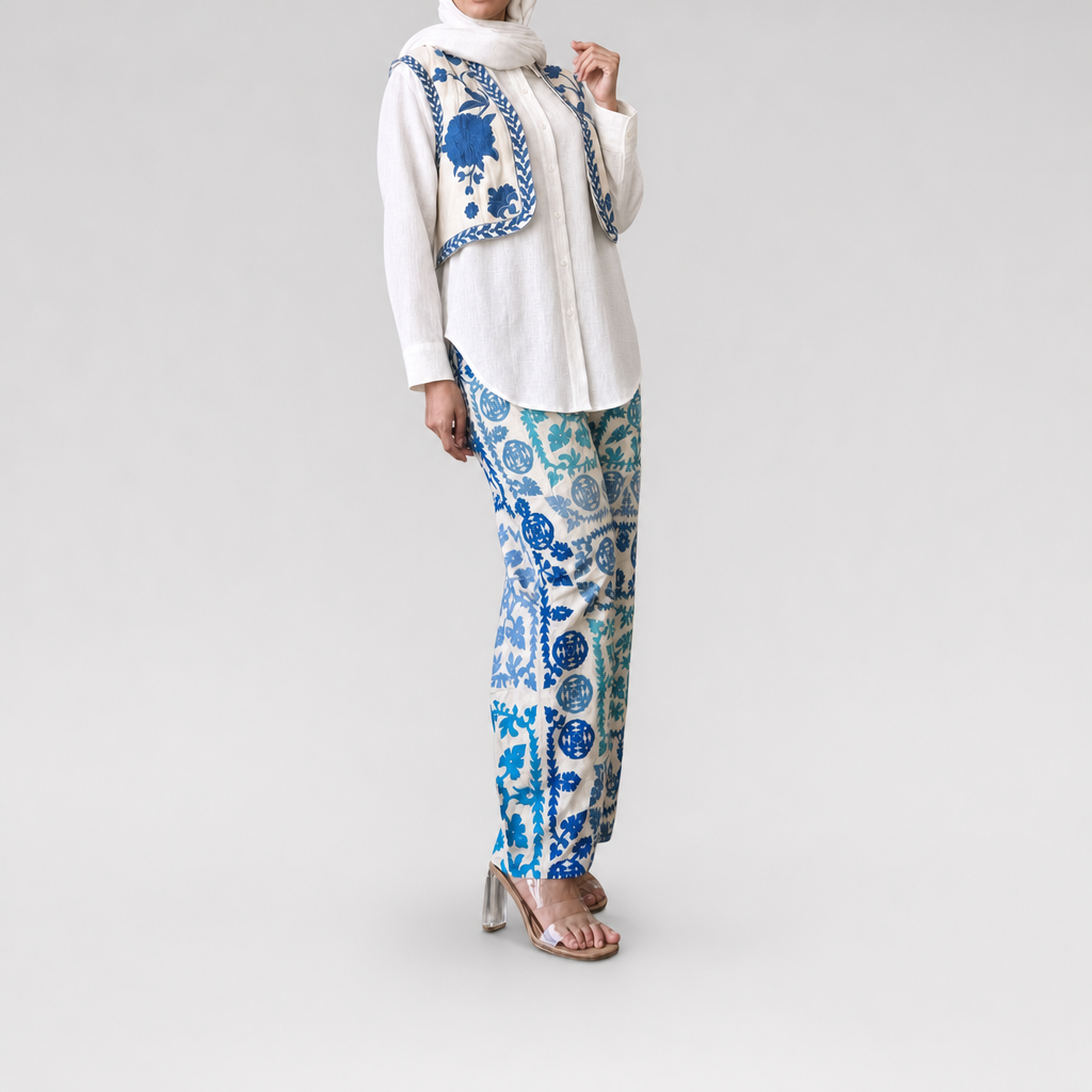 Blue Patterned Linen Pants