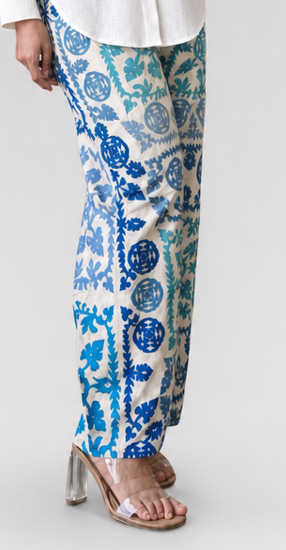 Blue Patterned Linen Pants