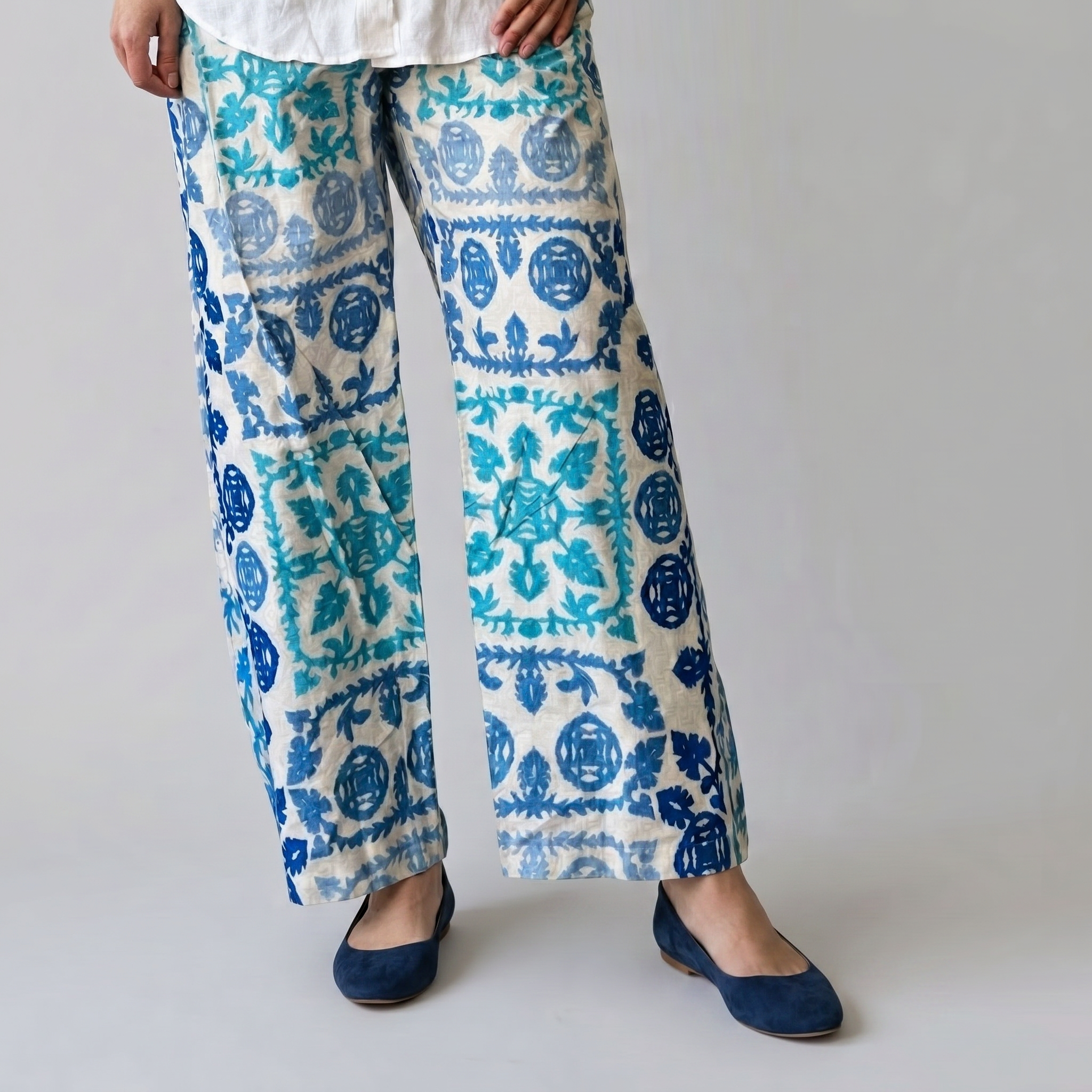 Blue Patterned Linen Pants