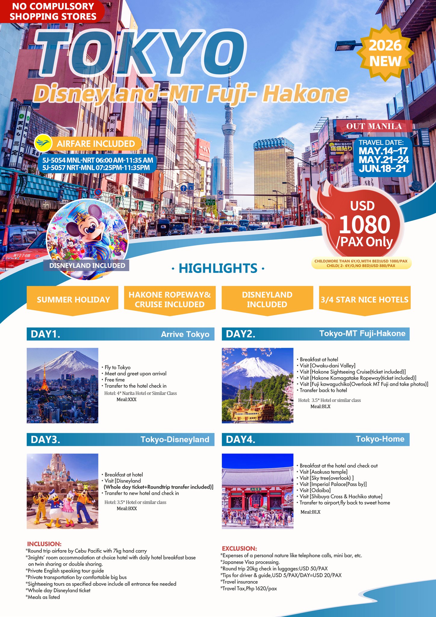 Tokyo Disneyland–MT Fuji–Hakone Tour 2026