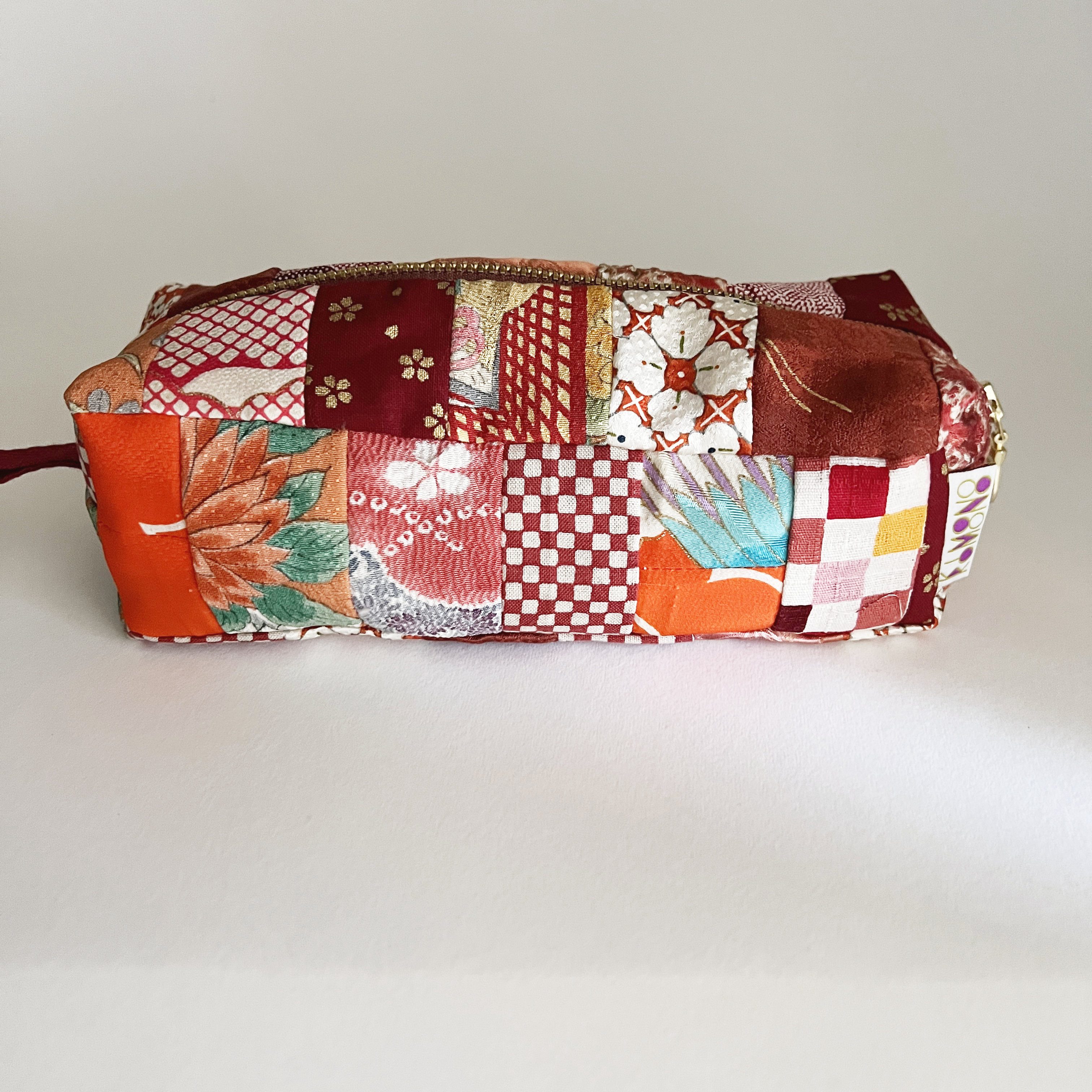 Orange Kimono Silk Patchwork Zipper Box Pouch