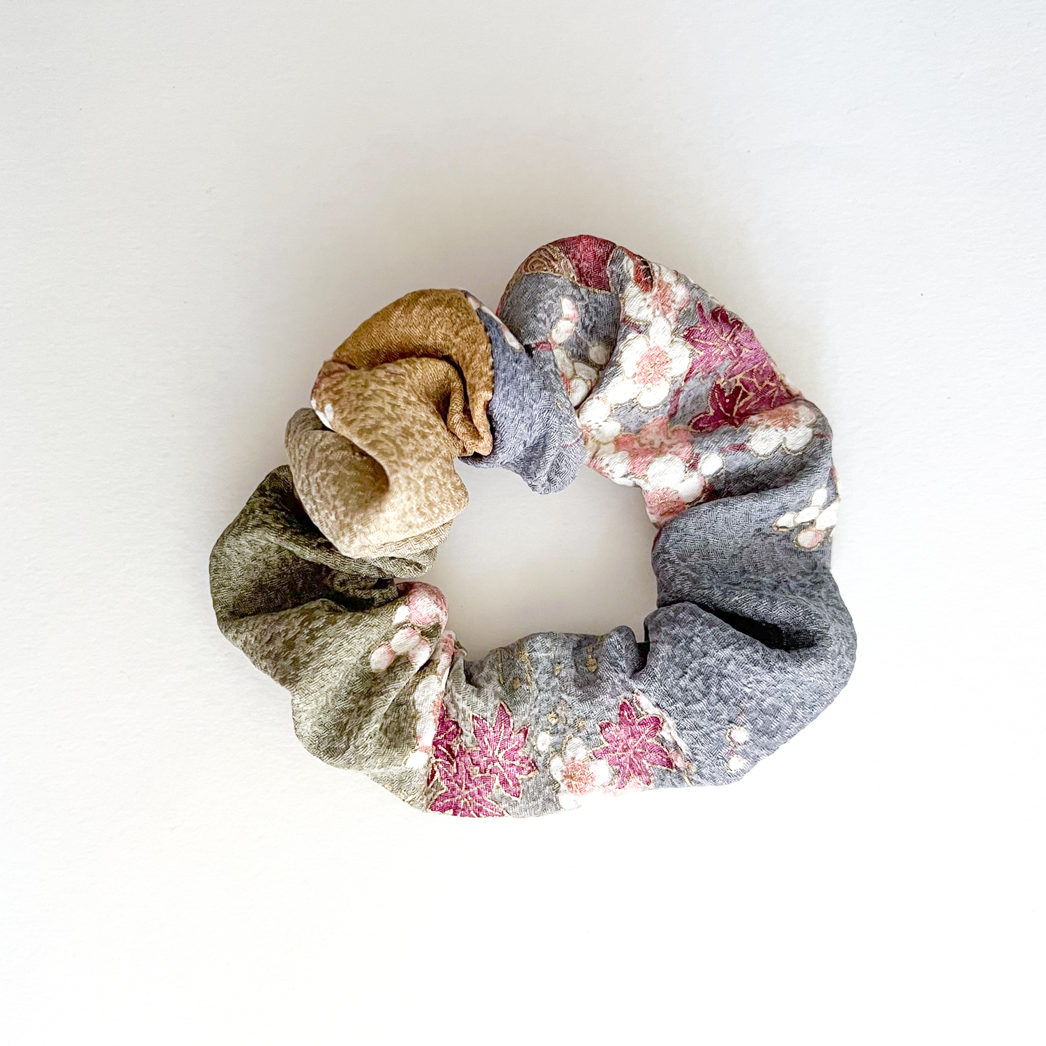 1 x Blue-Green Blossom Crepe Silk Scrunchie