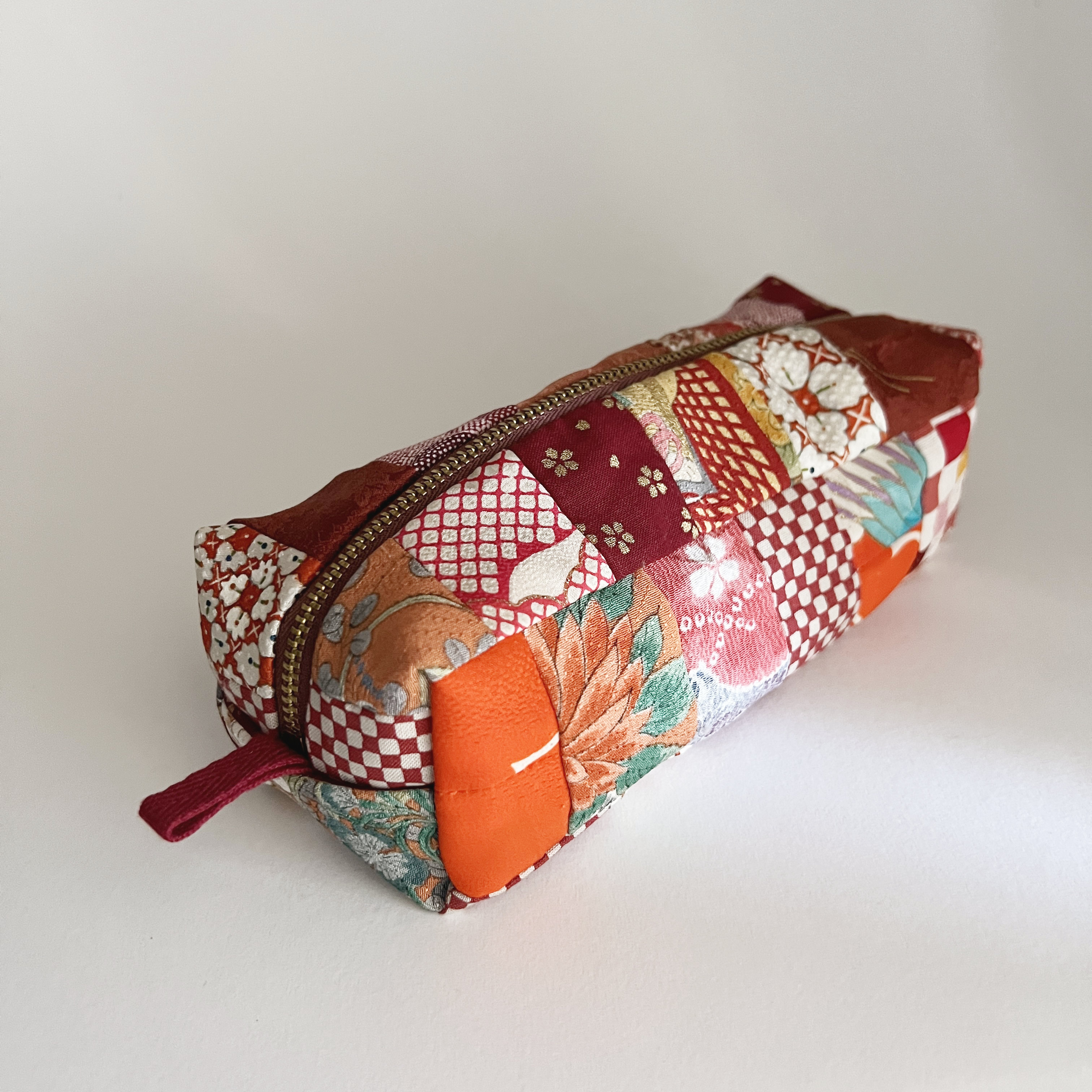 Orange Kimono Silk Patchwork Zipper Box Pouch
