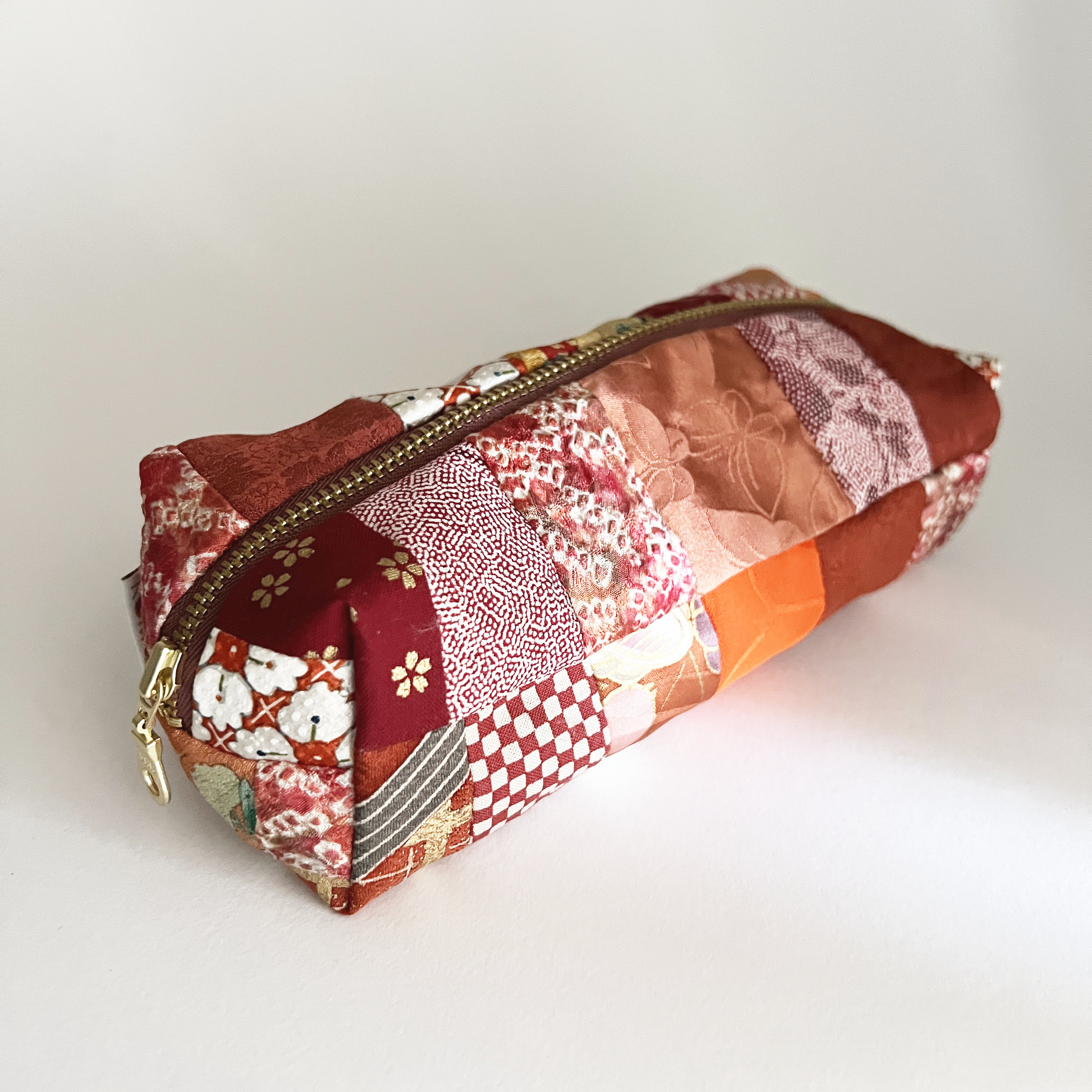 Orange Kimono Silk Patchwork Zipper Box Pouch