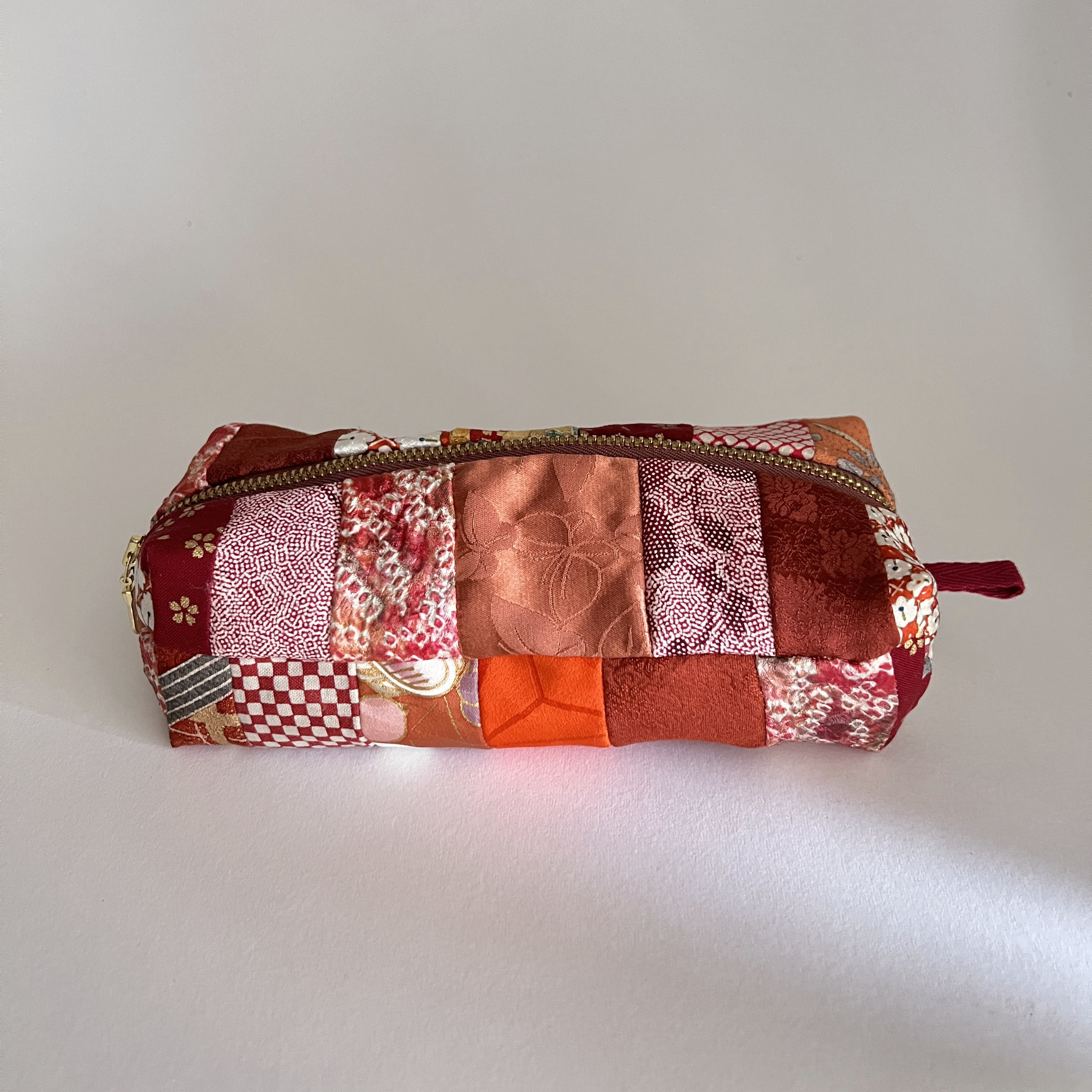 Orange Kimono Silk Patchwork Zipper Box Pouch